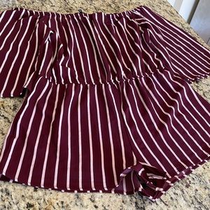 Burgundy & white stripe off the shoulder romper